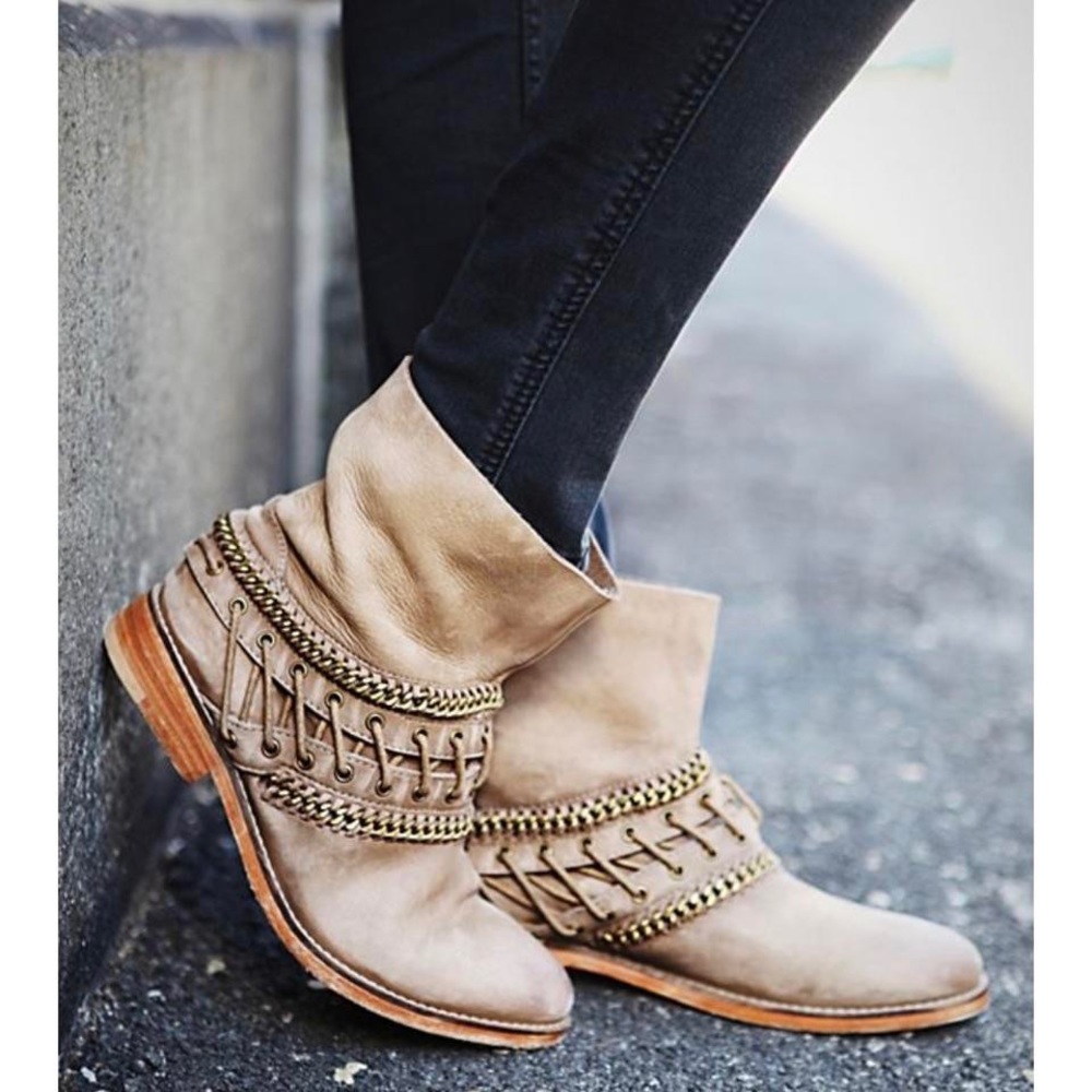 Free People Wanderlove  Leather Ankle Boots with Leather Detail Straps Braiding